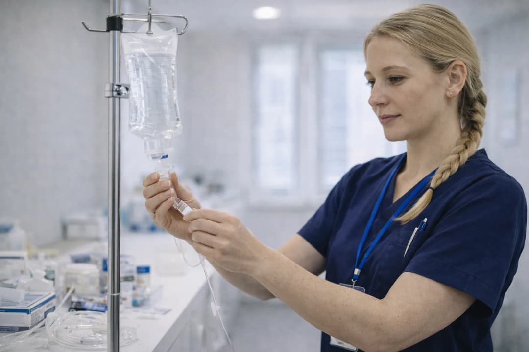 Медсестра настраивает капельницу